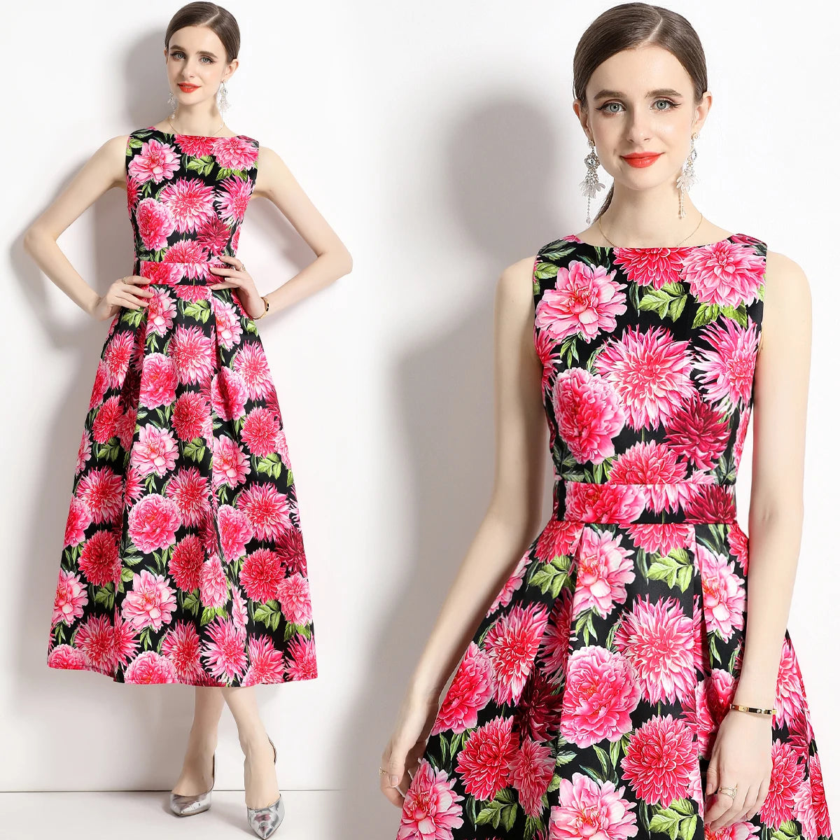 🍒Designer fashion dress floral print clothing vintage a line party wear outfit for women birthday dinner retro runway occasion wear  make ARRANGEMENTs for these FLOWERs