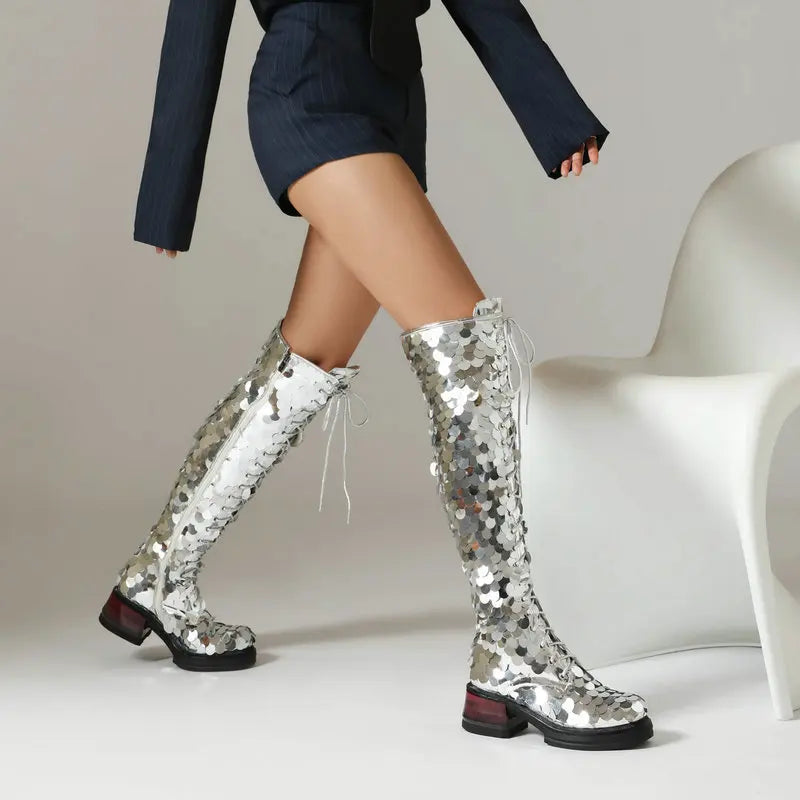 🍒Womens chumky boots over the knee zipped thick bottom sequined boots silver 5CM block heel club party long metalic footwear round toe plus size Road Block Blocks