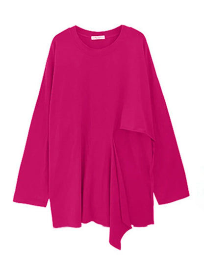 🍒Hot pink t-shirt big size Irregular side slit tee with o-neck long sleeve fashion for women smart casual spring autumn clothing  Don’t Cut Across This Cool Cross Cut