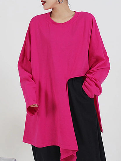 🍒Hot pink t-shirt big size Irregular side slit tee with o-neck long sleeve fashion for women smart casual spring autumn clothing  Don’t Cut Across This Cool Cross Cut