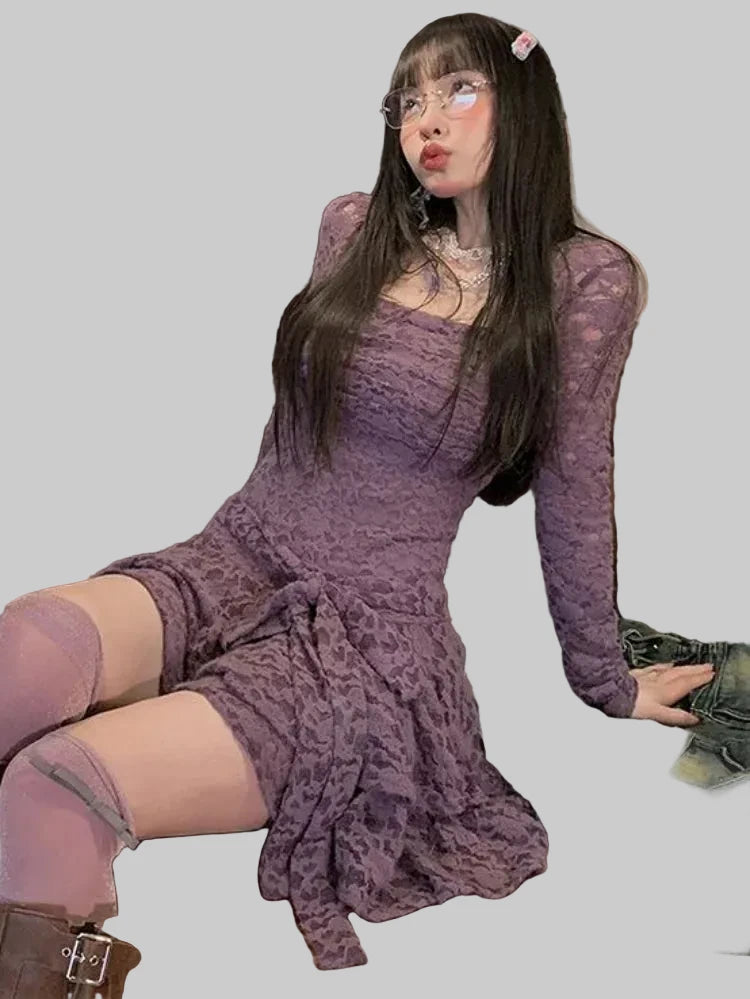 🍒Square neck mini dress solid color lace causal outfit for women  slim waist tunic sleeve Y2k aesthetic fashion summer wear elegant smart casual clothing Get Laced In Purple