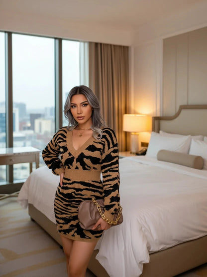 🍒Casual knit dress print design v- neck mini outfits long sleeve bodycon knitwear spring summery casual wear for women LILLY up your wardrobe with a TIGER