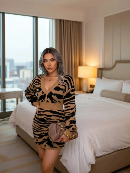 🍒Casual knit dress print design v- neck mini outfits long sleeve bodycon knitwear spring summery casual wear for women LILLY up your wardrobe with a TIGER