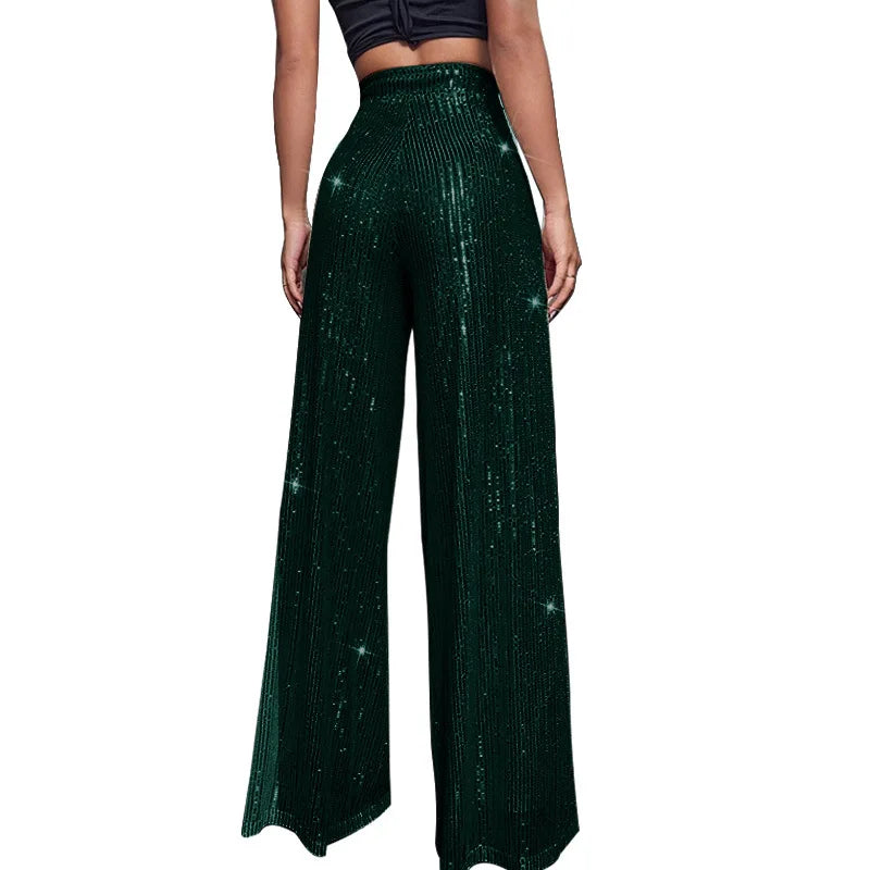 🍒Hoë middellyf sequin-broeke vonkel los gemaklike wyepypbroek klokonderkant-broeke glinster klubdrag partytjiedrag Alles Vonkel In Glans En Glans