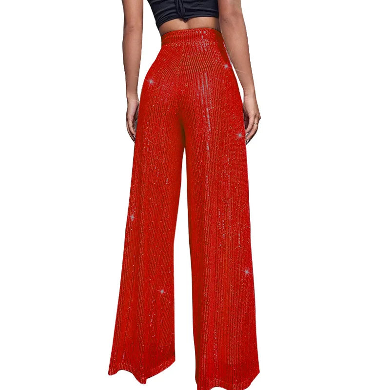 🍒Hoë middellyf sequin-broeke vonkel los gemaklike wyepypbroek klokonderkant-broeke glinster klubdrag partytjiedrag Alles Vonkel In Glans En Glans