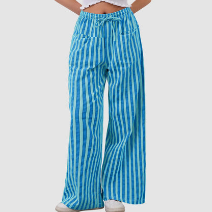🍒Gestreepte wye been broek hoë middellyf elastiese broek trekkoord wye been broek sakkerige onderdele vroue gemaklike hoëstraat klere met sak Kry 'n lospassende voorkoms in gestreepte los broeke