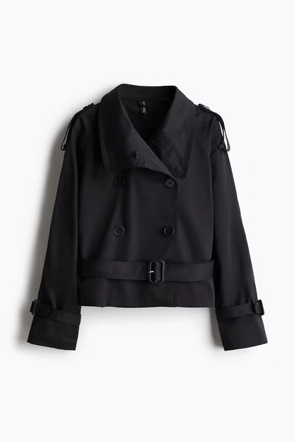 🍒Flared sleeve jacket belt coat for women elegant stand collar double breasted coat long sleeved outerwear female autumn winter fashion commuter keep abreast of belted double breast