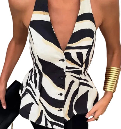 🍒Women summer holiday trousers and sleeveless top set single breasted top backless and elegant long high waist zipper pants loose fit Put your name aCROSS this ZEBRA and sING when you get it