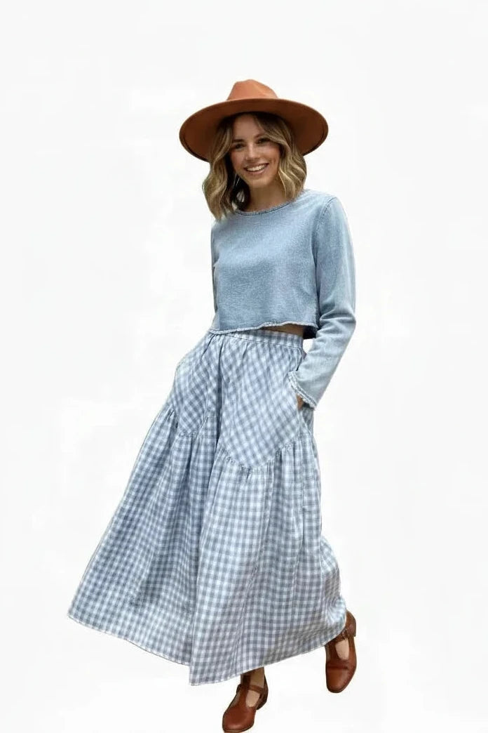 🍒Checkered a-line skirt high waisted tiered maxi skirt outfit all match loose pleated midaxi outfits for women fashion wear female casual wears  Chic Check
