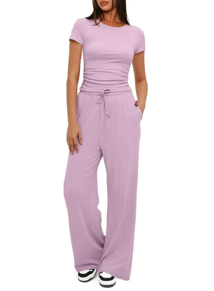 🍒Womens two-piece outfit set fashion pleated short sleeved top casual wear clothing  and matching comfort long high waisted wide leg pants sportswear Sport your style in Slimline