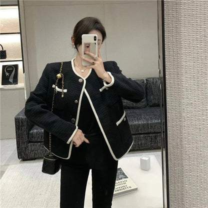 🍒Quilted lining jacket womens designer o-neck contrast tweed top Loose Fashion Versatile Coat Women Channel Likes This So Will You