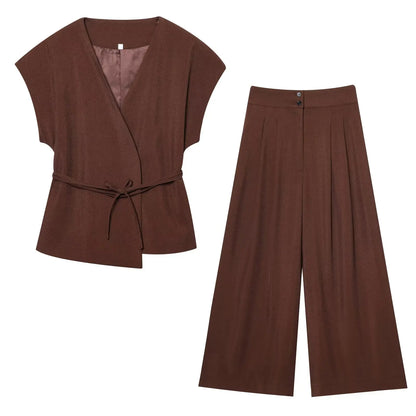 🍒Trouser suits for women sleeveless v-neck top with belt and straight pants wide leg sets spring summer clothing smart casual clothes party occasion wear two piece Two Piece Ease