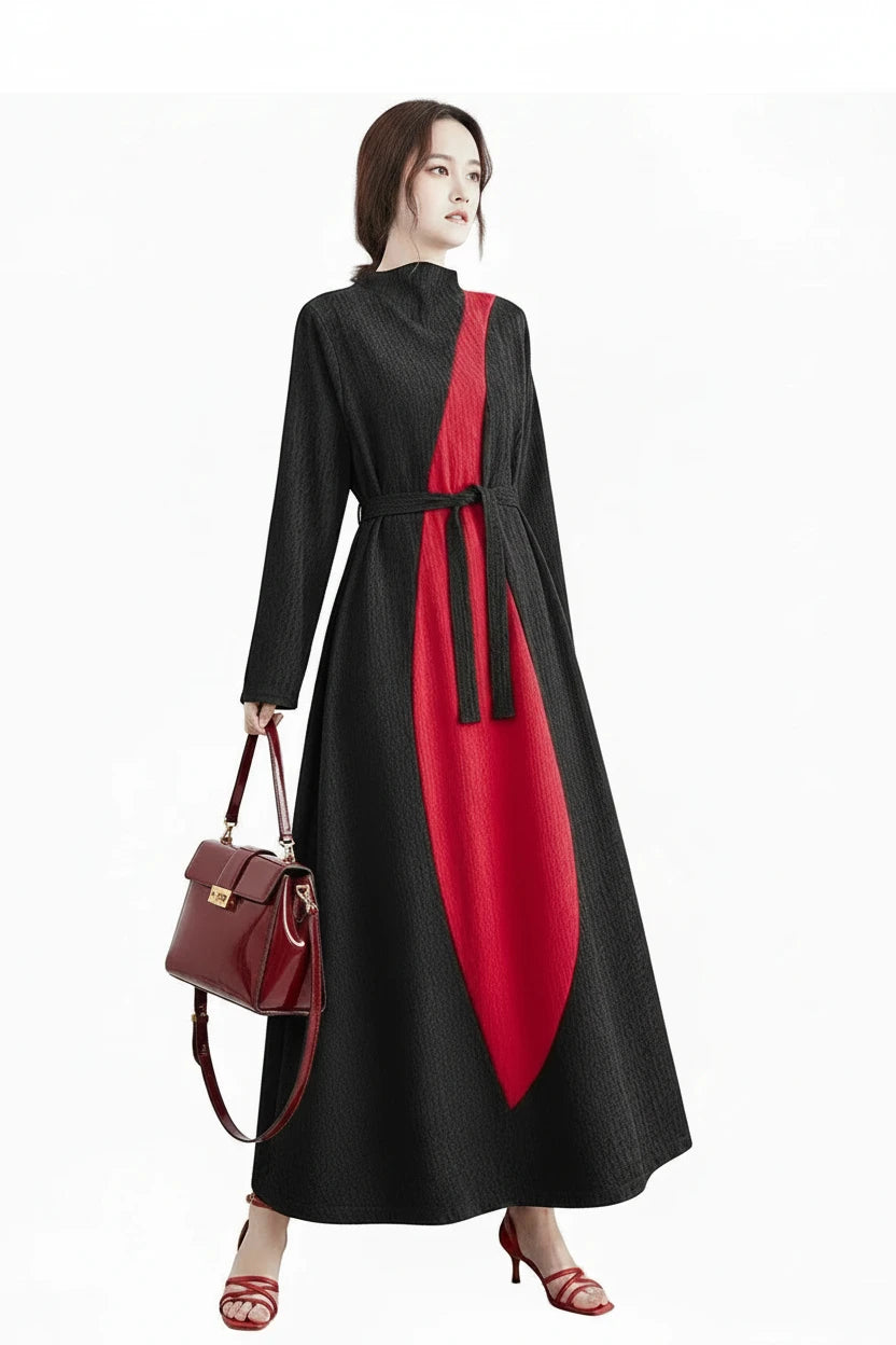 🍒Long sleeve maxi dress red and black outfit long sleeve loose  women smart casual clothes with patchwork loose fit a-line occasion wear chic holiday wear oversize fashion  Black Out Boring Clothes And Get This Red