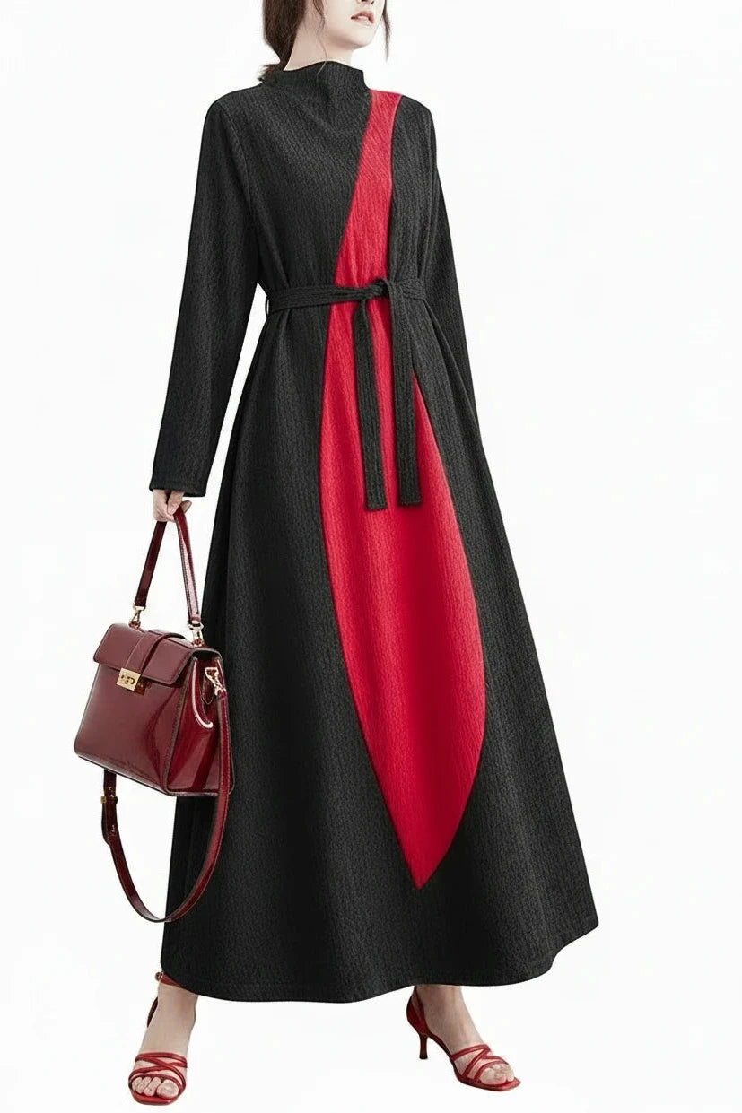 🍒Long sleeve maxi dress red and black outfit long sleeve loose  women smart casual clothes with patchwork loose fit a-line occasion wear chic holiday wear oversize fashion  Black Out Boring Clothes And Get This Red