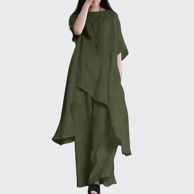 🍒Two-piece set for women shirts and pants outfit holiday cotton linen style wide leg trousers and asymetric top short sleeve blouse suit summer clothing  Layback Loose Linen-y Lovely
