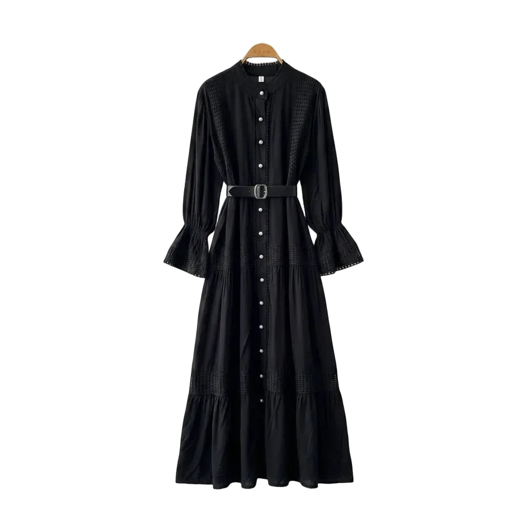 🍒Opstaande kraag maxi rok A-lyn elegante enkelborsknoop slim gemaklik vroue pofferige mou uitrusting enkelborsknoop hemprokke hoë middellyf Y2k mode oesjaarstyl kledingstuk Kry 'n VOLLEDIGE Voorkoms