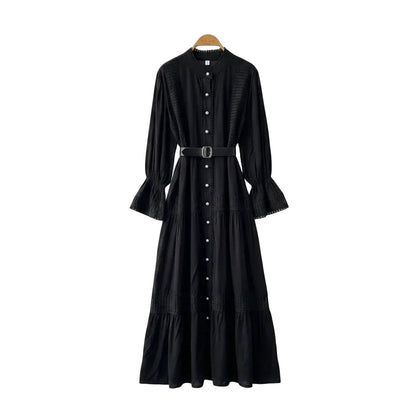 🍒Opstaande kraag maxi rok A-lyn elegante enkelborsknoop slim gemaklik vroue pofferige mou uitrusting enkelborsknoop hemprokke hoë middellyf Y2k mode oesjaarstyl kledingstuk Kry 'n VOLLEDIGE Voorkoms