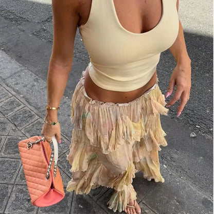 🍒Printed tiered skirt elasticated waist summer wear for women midi fashion long  mid-rise prairie chic smart casual clothing party occasion wear Playful Pretty Pastels