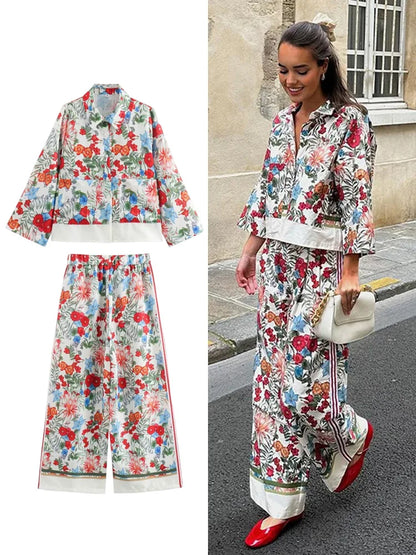 🍒Smart casual trouser sets bohemian style long sleeve crop top jacket short shirt for women and high waisted wide leg pants