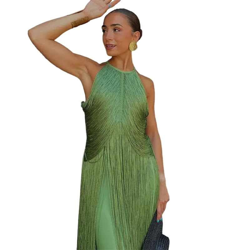 🍒Multi-layer tassel dress women's solid o-neck sleeveless cocktail dress elegant female fashion ball party outfit occasion wear club wear holiday beach party wear No Tossle Tassle