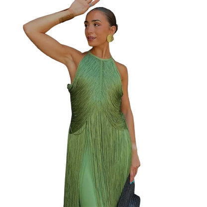 🍒Multi-layer tassel dress women's solid o-neck sleeveless cocktail dress elegant female fashion ball party outfit occasion wear club wear holiday beach party wear No Tossle Tassle