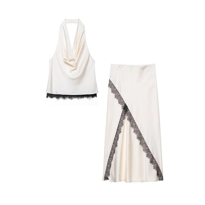 🍒Satin halter top white and long matching maxi skirt set women's lace trim outfit with high waisted skirt and camisole top for summer fashion wear This Satin Is Laced With 'Ace'