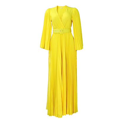 🍒 Aandete partytjie rok V-nek ontwerp geplooide vroue mode drag elegante maxi uitrusting met gordel langmou mode geleentheid drag partytjie drag Heeltemal Uitgeplooide Affêre