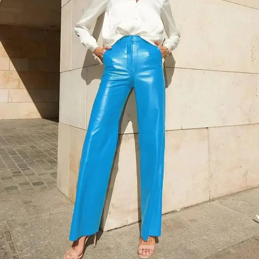 🍒Dames-PU-leertrousers met hoë middellyf, heupopheffing, modieuse reguitbeenbroek, slim gemaklike kledingstukke vir partytjies