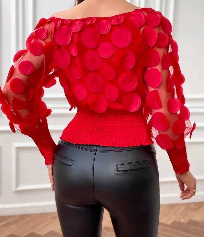 🍒Modern floral tops for women occasion shirred hem t-shirt design mesh patch long sleeve off the shoulder gigot Sleeve  bouse Y2k asthetic Hot Spot