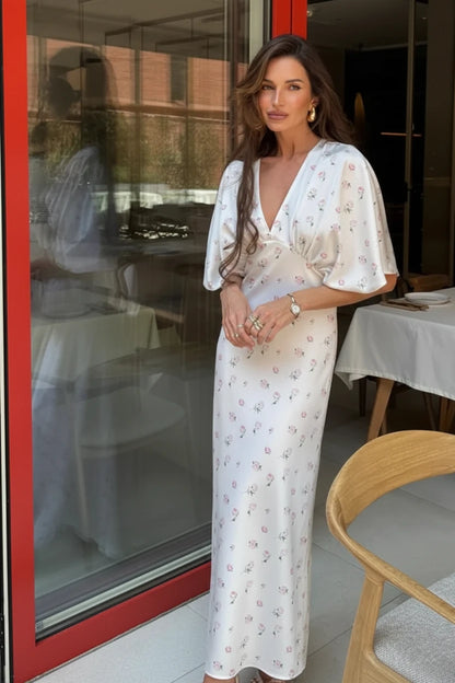 🍒Wit blomme satyn maxi rok vir vroue gemaklik of geleentheid trougas strandvakansie uitrusting blomme gedrukte V-nek rok vroue mode skraal pasmiddellyf kort vlindermou lang somerdrag met kort moue hoë middellyf oulike gemaklike geleentheid