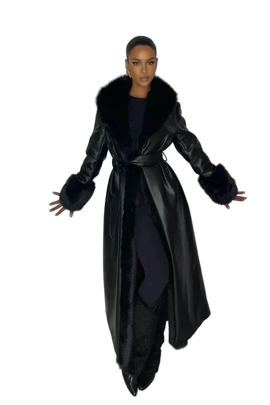 🍒Black faux leather womens coat trench fur coat collar & cuffs fashion belted waist coat long jacket chic streetwear Go On A Poodle Walk