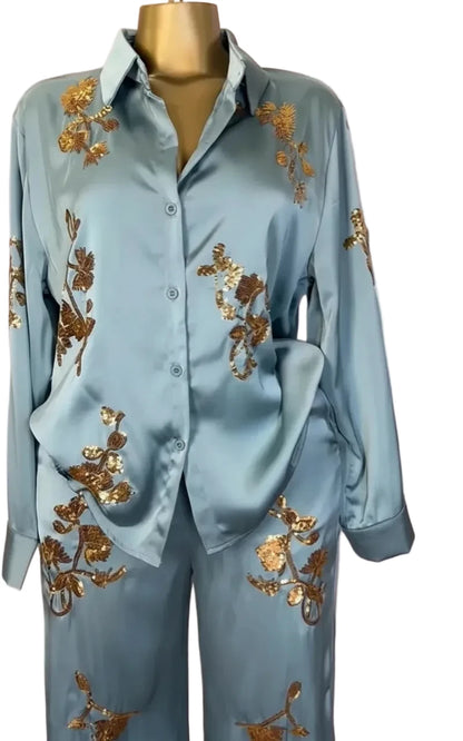🍒Sequin two piece set long sleeve shirt top with elasticated waist party trousers smart casual clothing occasion outfit for women holiday vacation clothes for beach party Suitable Satin
