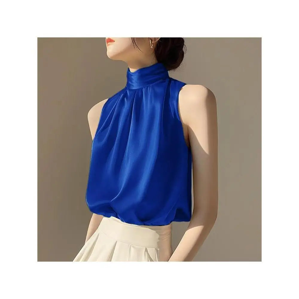 🍒无袖高领上衣 无袖女式衬衫 女士夏季服饰 时尚褶皱 百搭套头吊带衫 蓝色衬衫之美
