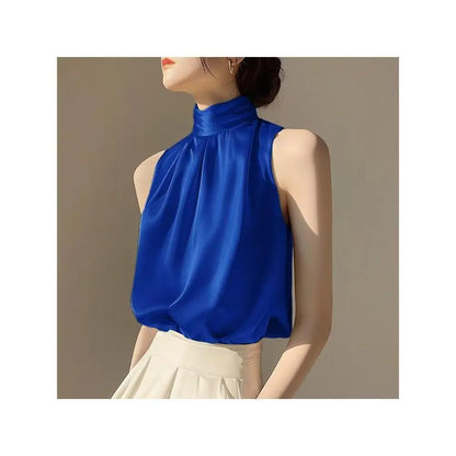 🍒无袖高领上衣 无袖女式衬衫 女士夏季服饰 时尚褶皱 百搭套头吊带衫 蓝色衬衫之美