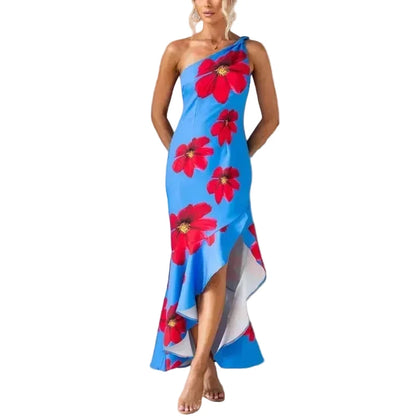 🍒One shoulder sleeveless dress summer fashion for women Irregular bohemian vacation outfits floral print fashion with ruffle hem outfits long   No Puff, Get Out Ruffs