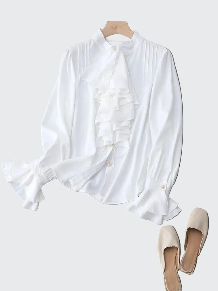 🍒Vintage blouse court style button fold flare sleeve slim pure white shirt with ruffles women elegant stand collar top female smart casual wear office clothing occasion clothing  No One Will Judge You With This Cool Court Style Blouse