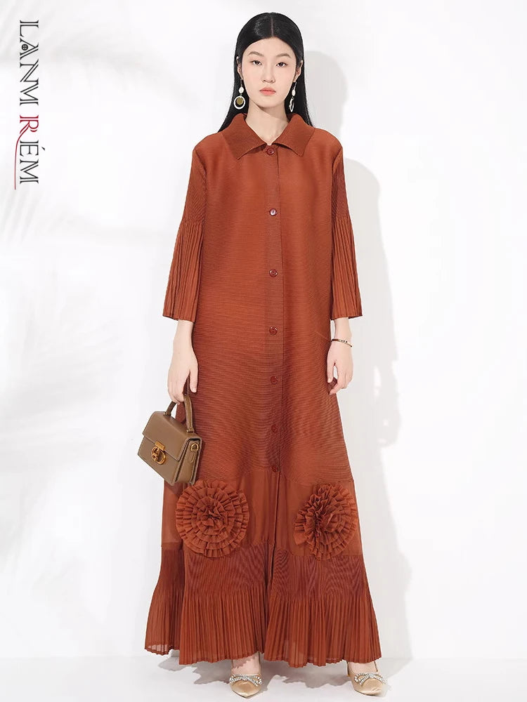 🍒Loose women's dress high-end chic lapel outfit with flared sleeves 3d floral fashion maxi  single breasted coat dress party occasion wear Flowers At Your Feet frock