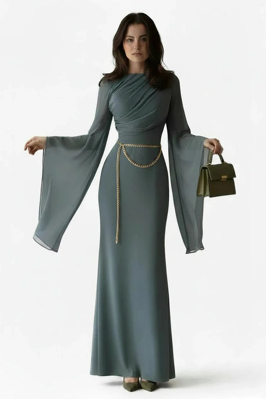 🍒Chiffon-rok vir vroue, effekleurige rok met o-nek, skraal, elegante aandrok, klokkiesmou, hoë middellyf, uitrusting met plooie, lang partytjie-geleentheidsdrag.