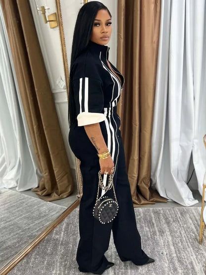 🍒Women Jumpsuits 3/4 sleeve stripe loose fashion rompers wide leg pants one piece trousers for women smart casual summer clothing Sport Stripes