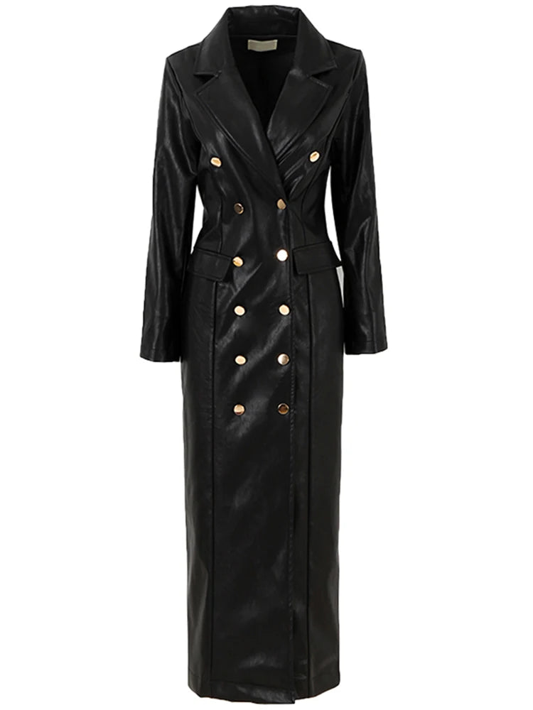 🍒Ekstra lang kunsleer trenchcoat vir dames dubbelbors luukse elegante lang slim gemaklike pu-oorjas Bly OP HOOGTE van DUBBEL neem-klere