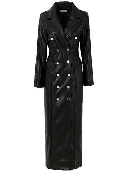 🍒Ekstra lang kunsleer trenchcoat vir dames dubbelbors luukse elegante lang slim gemaklike pu-oorjas Bly OP HOOGTE van DUBBEL neem-klere