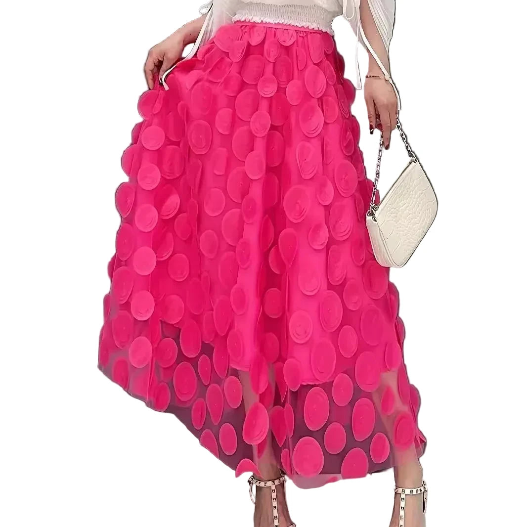 🍒Womens polka dot 3D design tulle mesh skirt retro elastic waist long length a-line occasion wear beach party wear street fashion feminine street wear You Will Be Dotty About These Spots