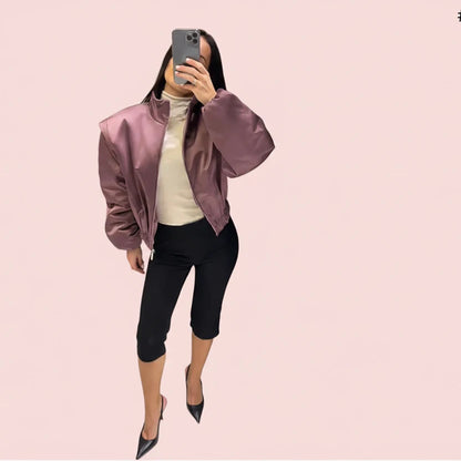 🍒Langmou-bomberbaadjie vir vroue, met ritssluiting en opstaande kraag, buiteklere kort gemaklike baadjie soliede sjiek vroulike satynklere mode Mauve Is In