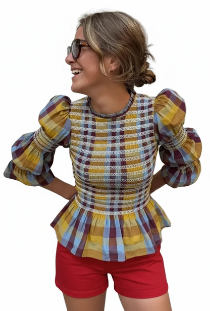 🍒Vintage plaid tops elastic pleated shirt women casual clothes o-neck long sleeves ruffle hem top chic fashion high streetwear smart casual clothing