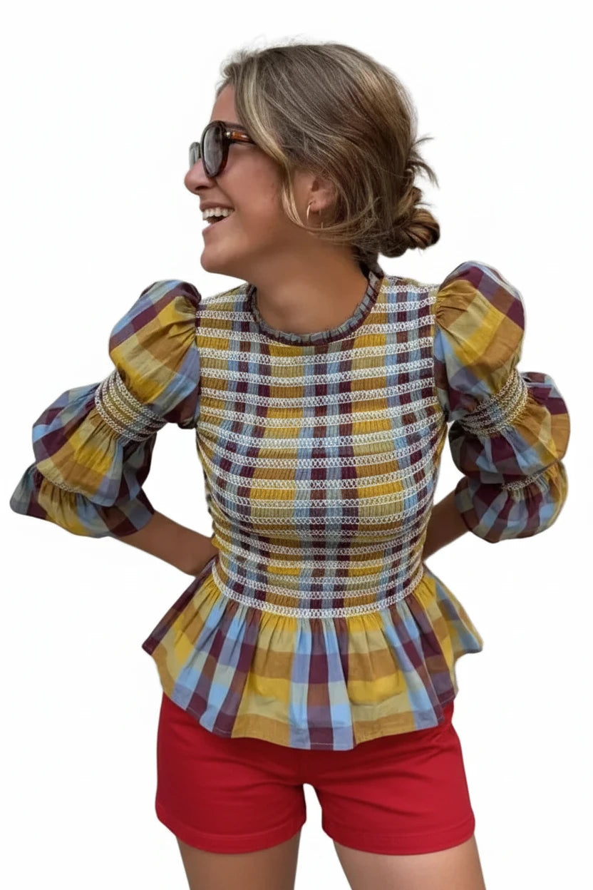 🍒Vintage plaid tops elastic pleated shirt women casual clothes o-neck long sleeves ruffle hem top chic fashion high streetwear smart casual clothing