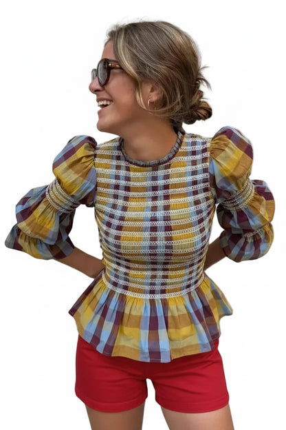 🍒Vintage plaid tops elastic pleated shirt women casual clothes o-neck long sleeves ruffle hem top chic fashion high streetwear smart casual clothing