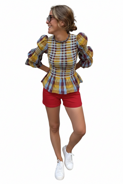 🍒Vintage plaid tops elastic pleated shirt women casual clothes o-neck long sleeves ruffle hem top chic fashion high streetwear smart casual clothing