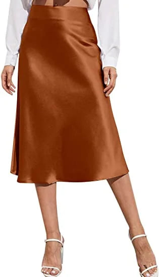 🍒Satyn hoë middellyf midi-romp, effekleur, a-lyn romp, syerig, elegante modepartytjie, slim gemaklike drag vir vroue - Skitter In Satyn