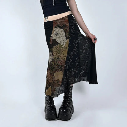 🍒Irregular floral pattern midi skirt casual high waist long skirt elasticated waist mixed media fashion clothing smart casual wear women