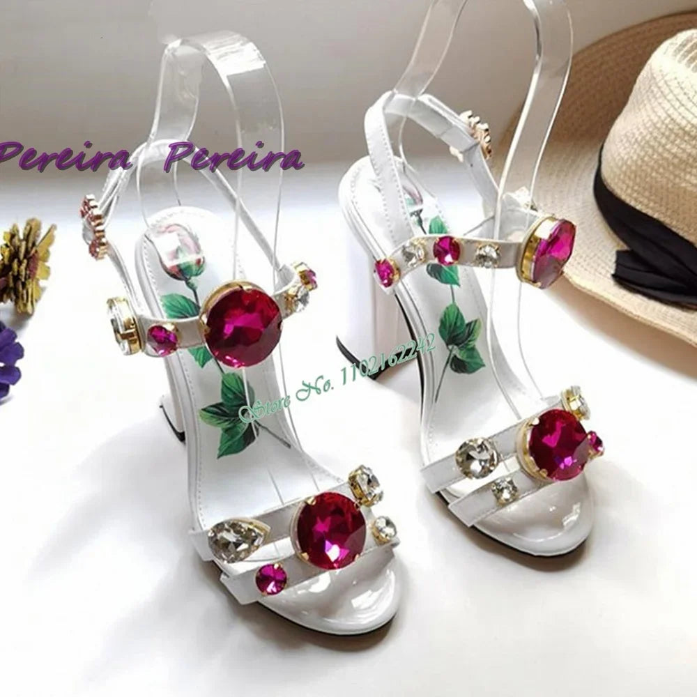 🍒Womens gem stone sandals classic colourful heels crystal open toe shoe chunky heel buckle strap high heels flower shoes designer footwear for women dress party shoes Gem Of A Shoe